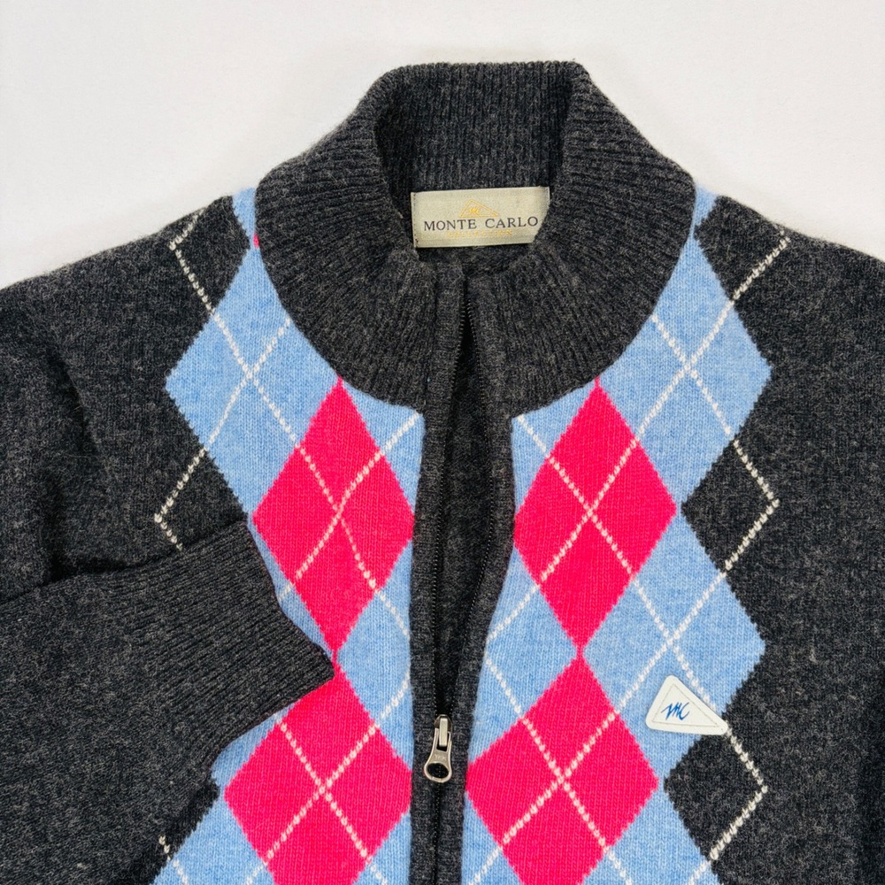 Monte Carlo Mens Argyle Full Zip Lambs wool Sweater Grey Pink Blue Size 40